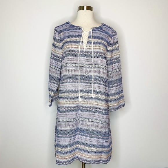 Lilla P Dresses & Skirts - Lilla P Dress Women Large Woven Jacquard Tie Chest NWT 3/4 Sleeve Blue Cream